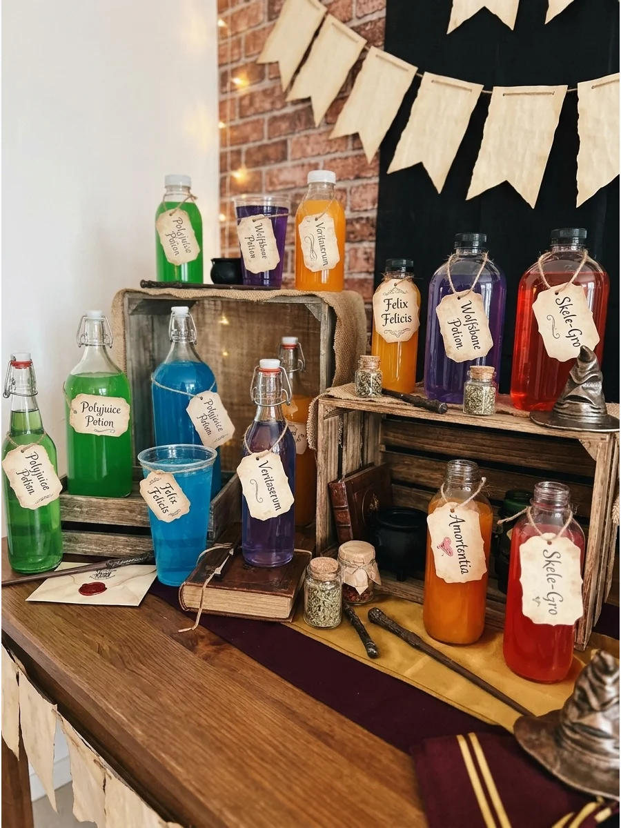 Potion Drink Bar. Serve brightly colored kid-friendly drinks in clear bottles and cups with imaginative potion names. Harry Potter Birthday Party Ideas