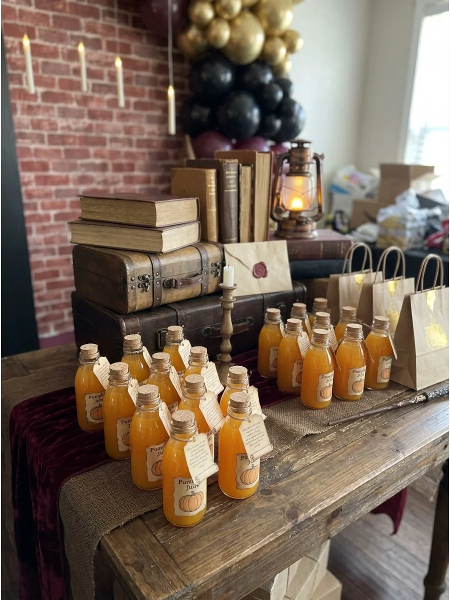 Pumpkin Juice Bottles. Fill small bottles or dispensers with pumpkin-inspired or orange-colored drinks and style them as wizarding beverages. Harry Potter Birthday Party Ideas