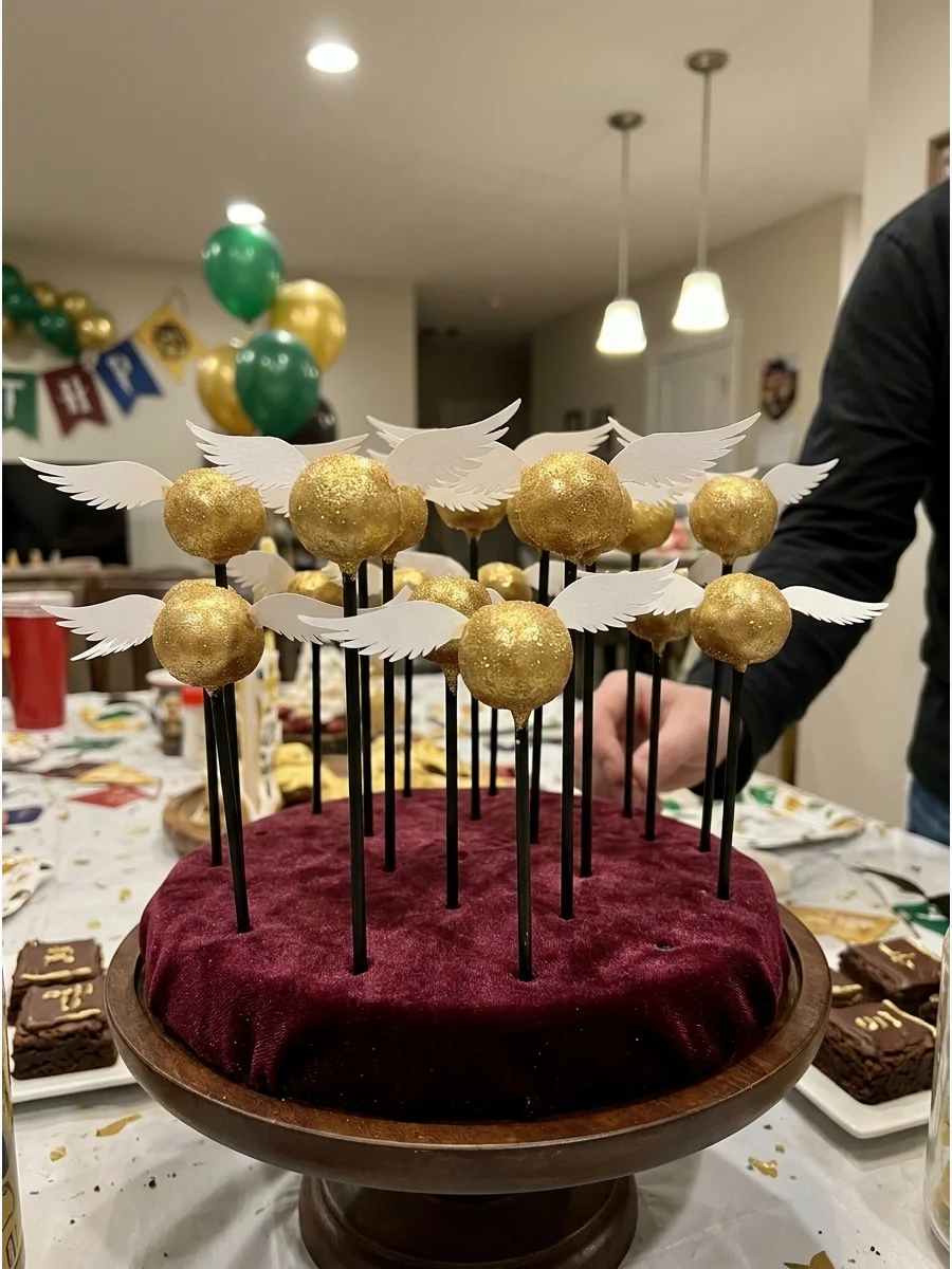 Golden Snitch Cake Pops. Turn round cake pops into Golden Snitches by decorating them in gold and adding lightweight edible or paper wings. Harry Potter Birthday Party Ideas