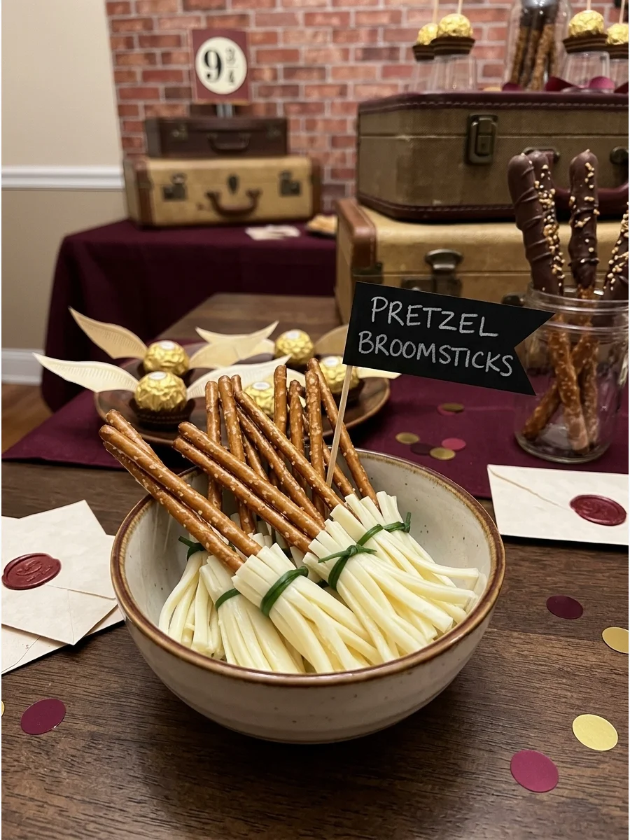 Pretzel Broomsticks. Create simple edible broomsticks using pretzel sticks with cheese, chocolate, or another fringed snack at one end. Harry Potter Birthday Party Ideas