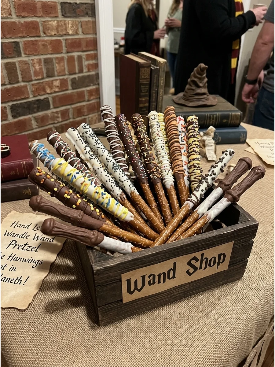Wizard Wand Pretzels. Dip long pretzel rods in chocolate and decorate them with sprinkles or drizzled chocolate so each resembles a different wand. Harry Potter Birthday Party Idea