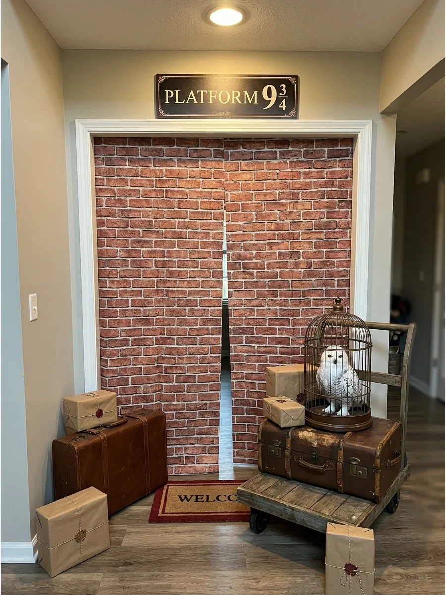 Platform 9¾ Party Entrance. Transform the doorway into Platform 9¾ with a brick-wall backdrop, luggage, trunks, and a small platform sign. Harry Potter Birthday Party Ideas