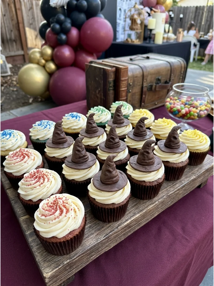 Sorting Hat Cupcakes. Top cupcakes with miniature Sorting Hats or decorate the centers with different house colors as a surprise. Harry Potter Birthday Party Ideas