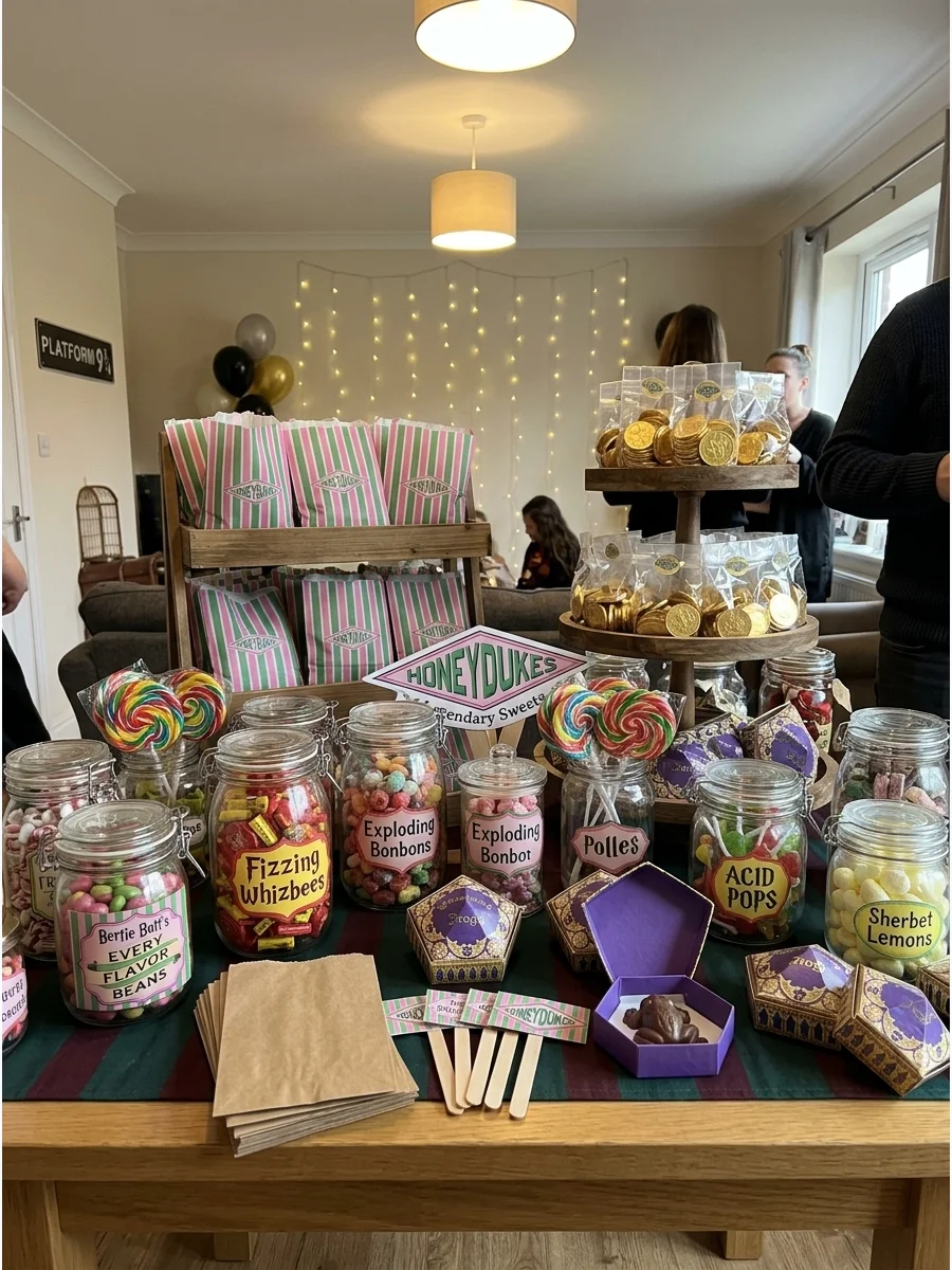 Honeydukes Candy Table. Build a colorful wizard sweet shop with jars of candy, chocolate treats, striped bags, whimsical labels, and tiered displays. Harry Potter Birthday Party Id