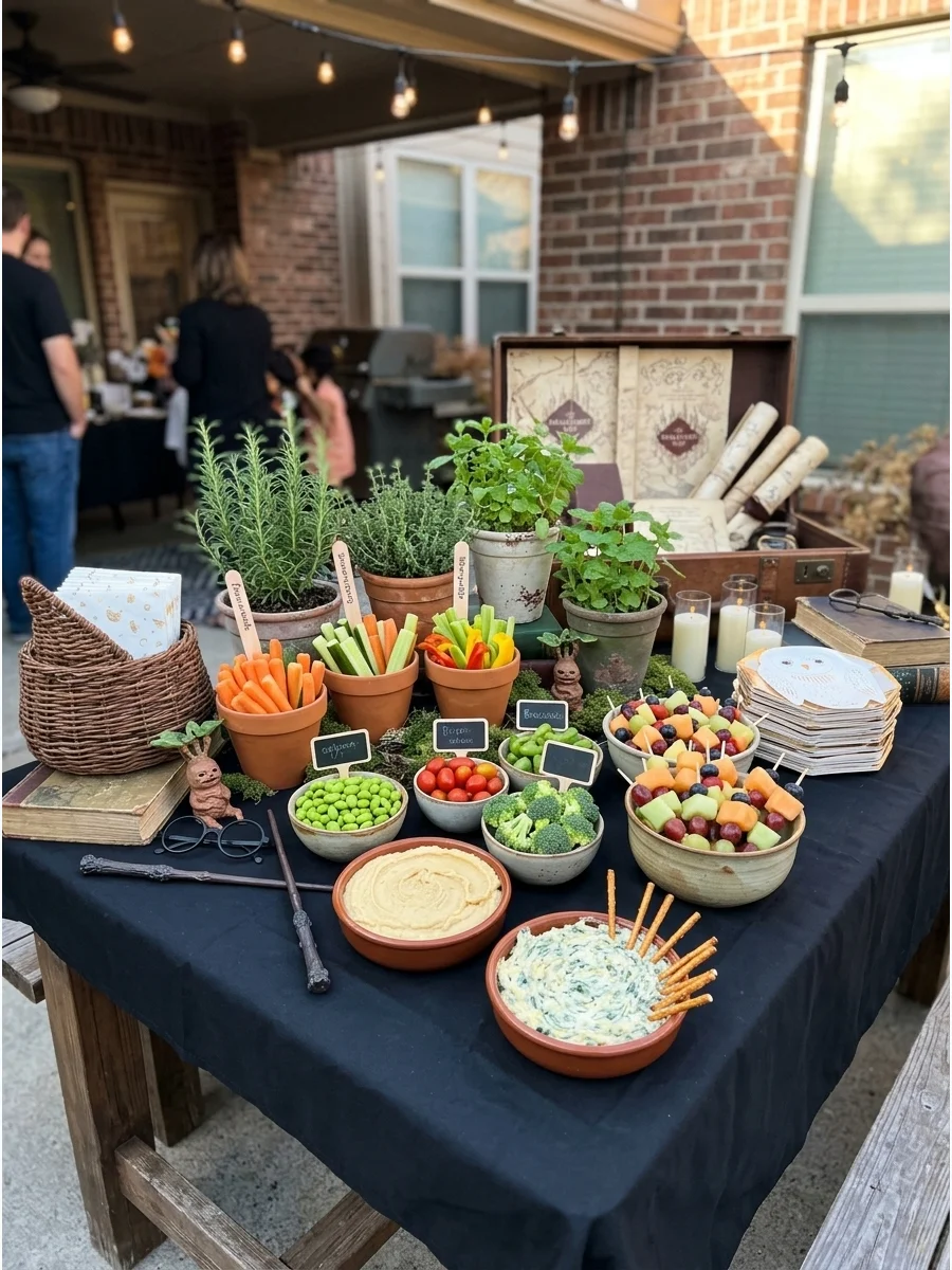 Professor Sprout's Snack Garden. Turn vegetables, dips, fruit, and green snacks into a playful herbology-inspired food station. Harry Potter Birthday Cake Ideas Harry Potter Birthd