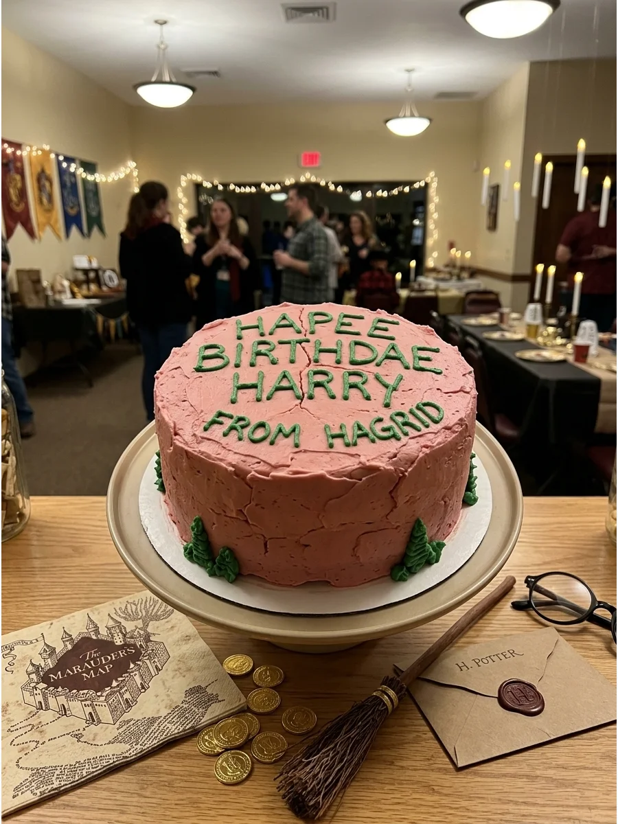 Hagrid-Inspired Birthday Cake. Recreate the charming homemade appearance of Harry's famous pink birthday cake with intentionally imperfect frosting and green lettering. Harry Potte
