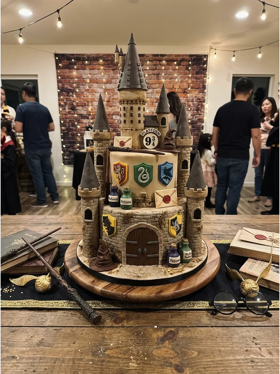 Hogwarts Castle Cake. Make the birthday cake the centerpiece with towers, stone textures, house details, and a dramatic castle-inspired design. Harry Potter Birthday Party Ideas