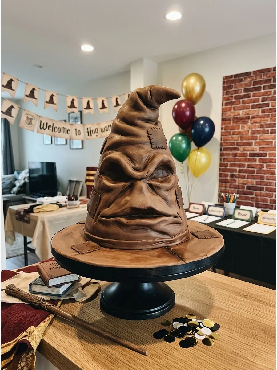 Sorting Hat Cake. Choose a sculpted Sorting Hat cake for a centerpiece that works especially well alongside a house-sorting activity. Harry Potter Birthday Party Ideas
