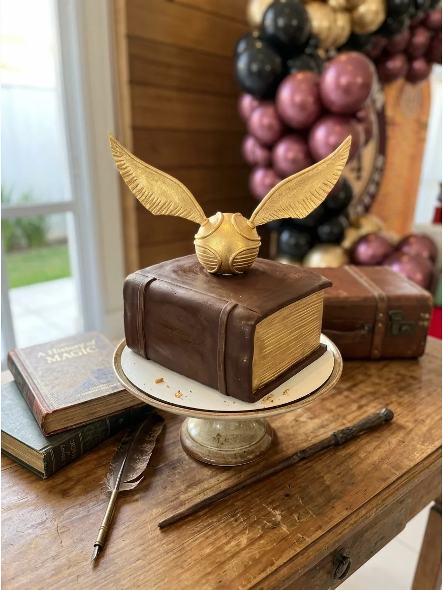 Golden Snitch Birthday Cake. Decorate a simple dark or white cake with a large golden winged Snitch for a cleaner, more elegant Harry Potter look. Harry Potter Birthday Party Ideas