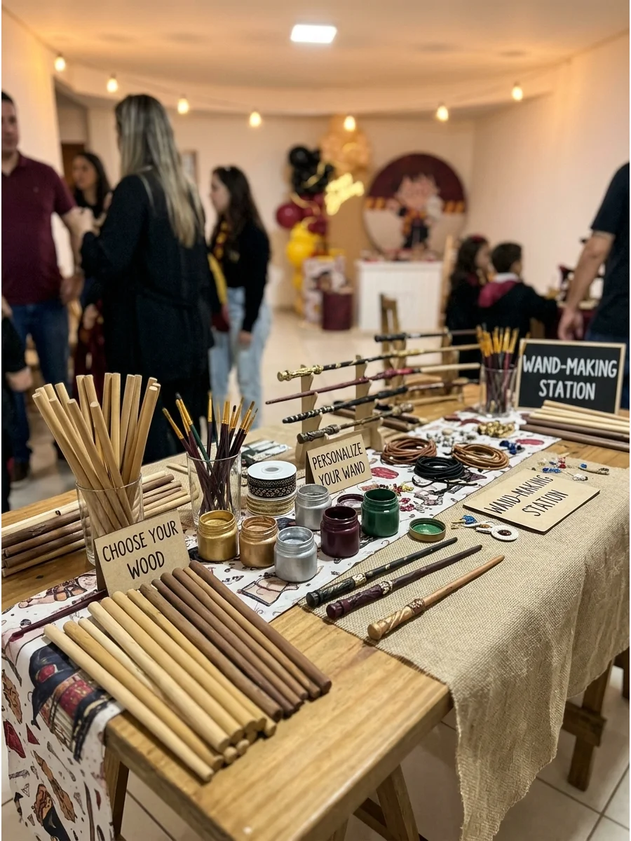 DIY Wand-Making Station. Let guests choose wooden wand blanks and customize them with paint, handles, metallic finishes, and decorative details. Wand-making remains one of the freq