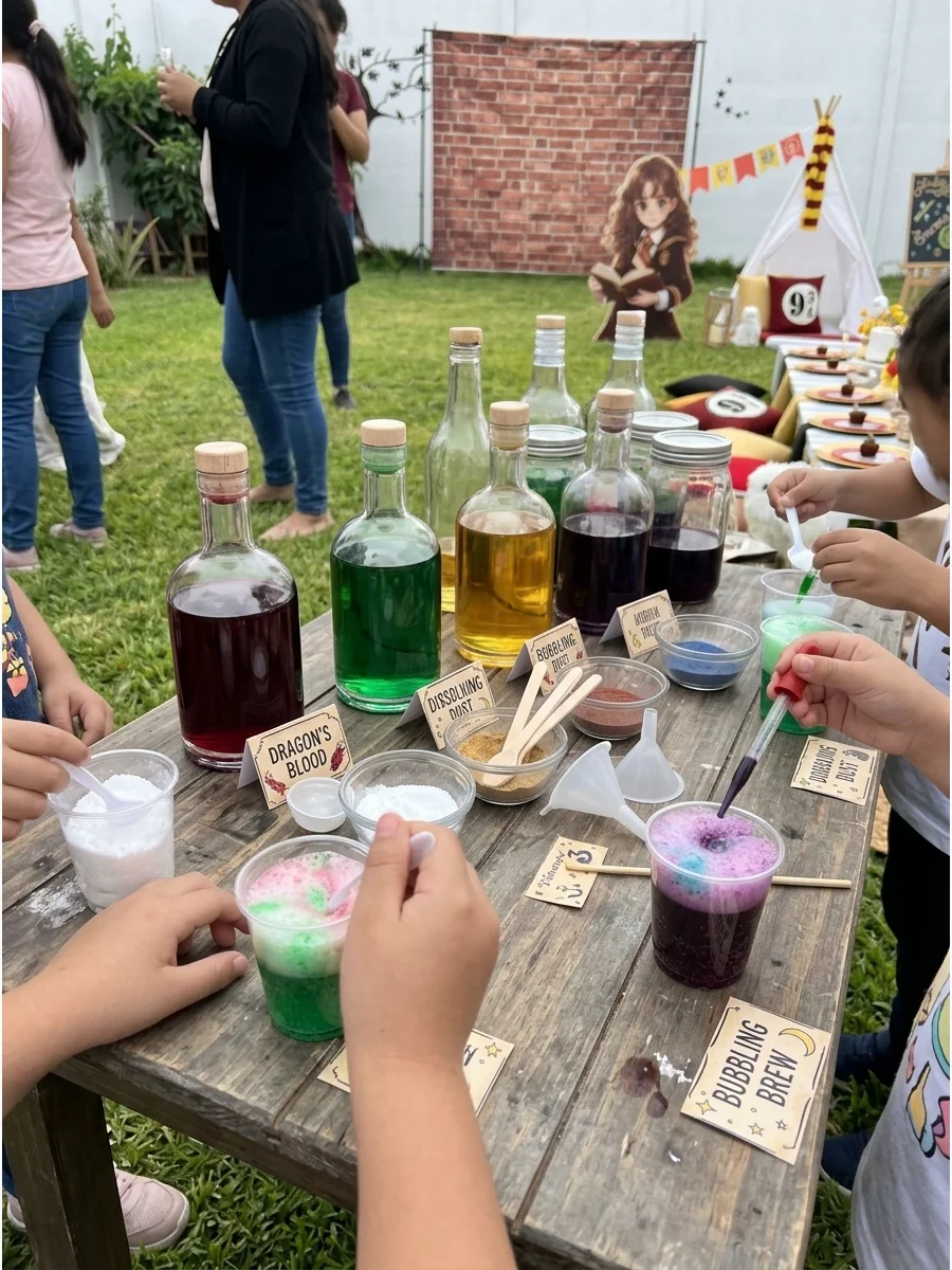 Kids' Potions Class. Set up a supervised potion experiment using colorful liquids and safe fizzy ingredients so guests can mix their own magical creations. Harry Potter Birthday Pa