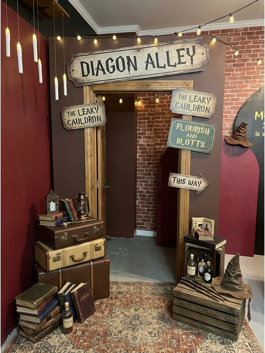 Diagon Alley Entrance. Create a whimsical entrance inspired by Diagon Alley using crooked shop signs, stacked boxes, lanterns, and wizarding props. Harry Potter Birthday Party Idea