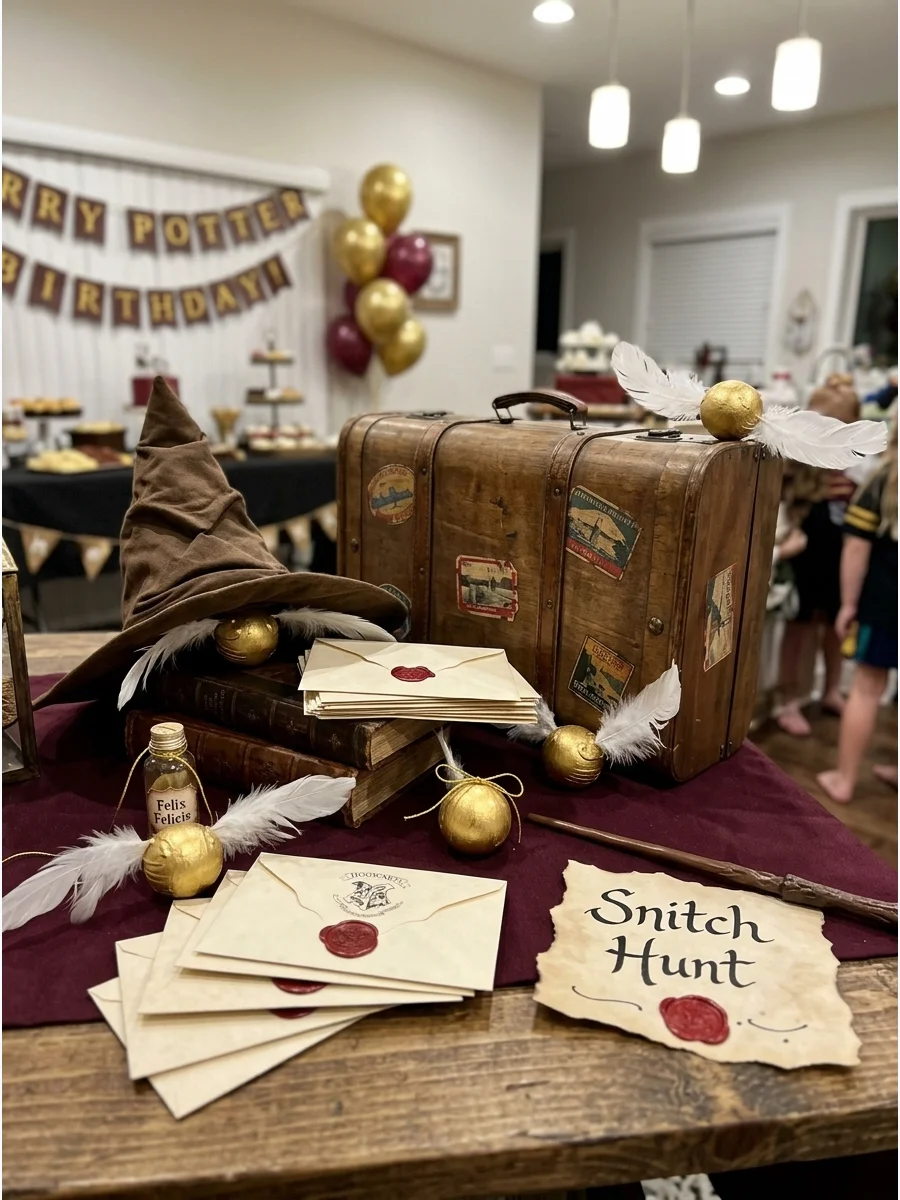 Golden Snitch Hunt. Hide several golden Snitches around the party area and challenge guests to find them before time runs out. Harry Potter Birthday Party Ideas