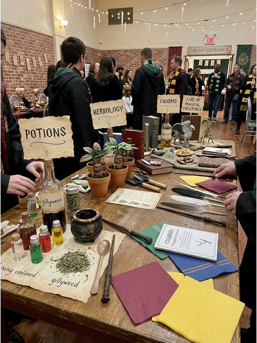 Hogwarts Class Challenge. Create several mini stations representing Potions, Herbology, Charms, and Care of Magical Creatures for guests to complete in sequence. Harry Potter Birth