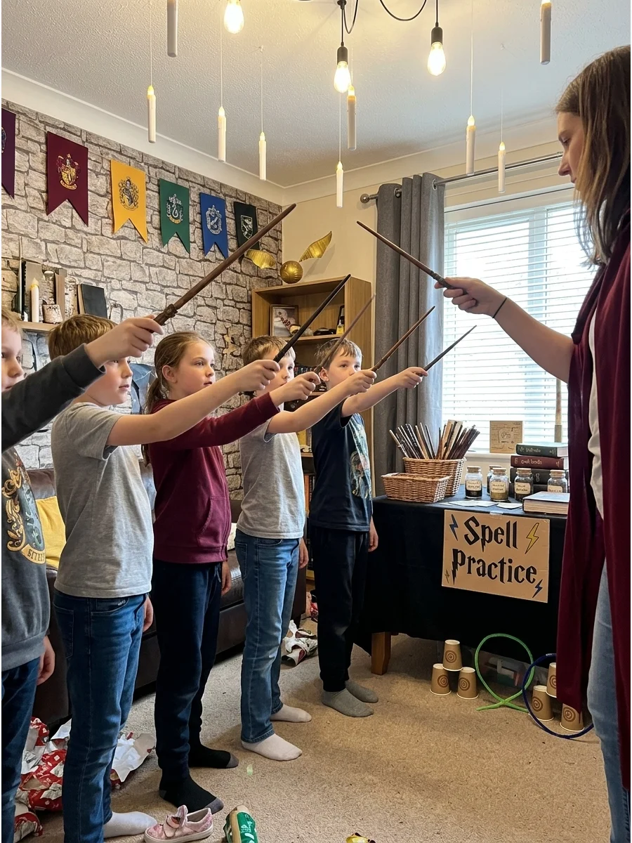 Spell-Casting Practice. Give every guest a wand and teach them a few simple spell movements before turning the activity into a friendly accuracy challenge. Harry Potter Birthday Pa