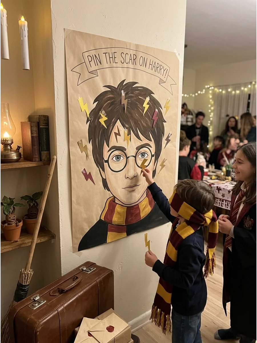 Pin the Scar on Harry Game. Give the traditional party game a wizarding makeover by having blindfolded guests try to place the lightning-shaped scar in the correct spot. Harry Pott