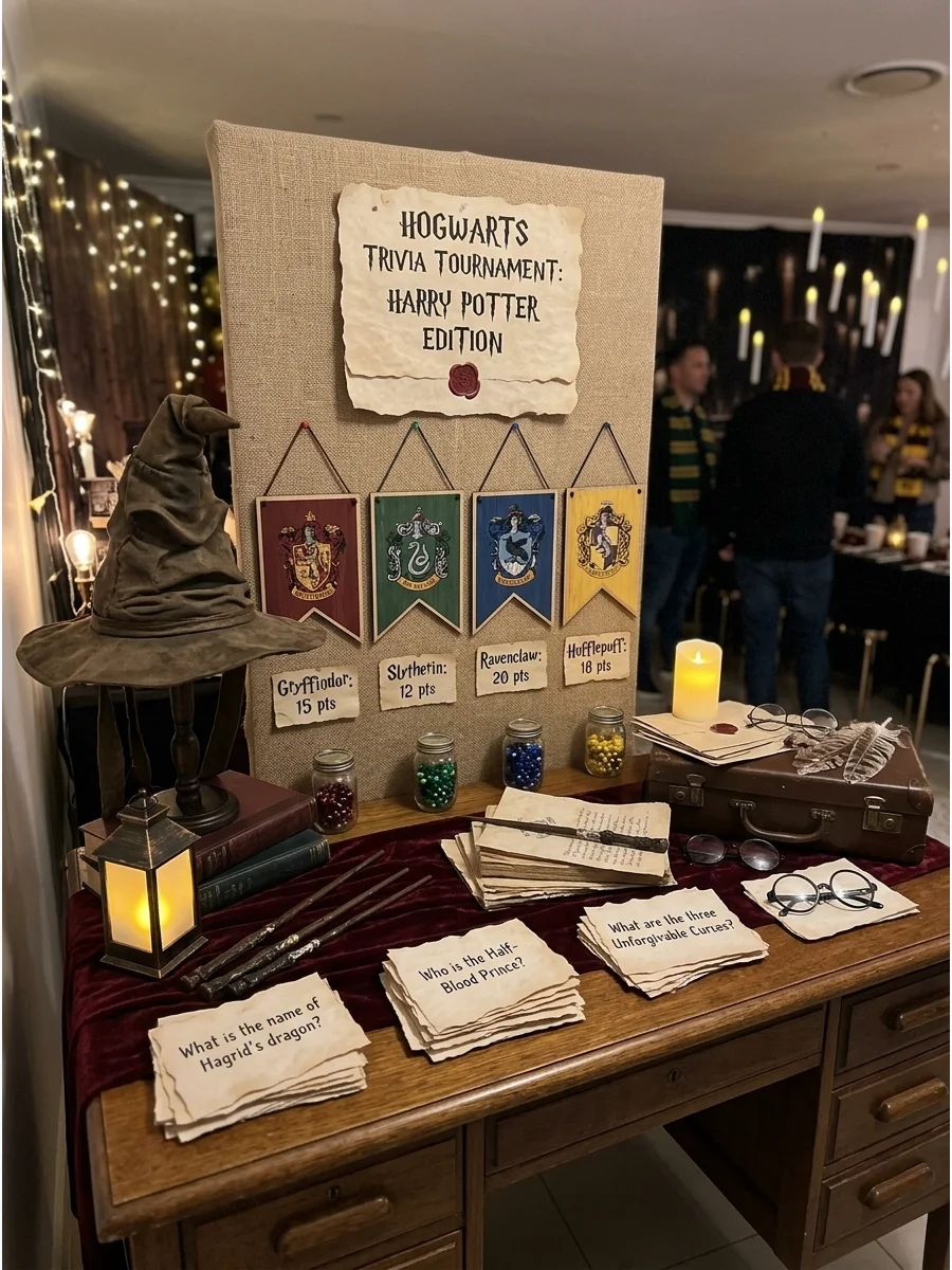 Harry Potter Trivia Tournament. Divide guests by Hogwarts house and award points for correctly answering questions from the books, films, characters, spells, and magical creatures.
