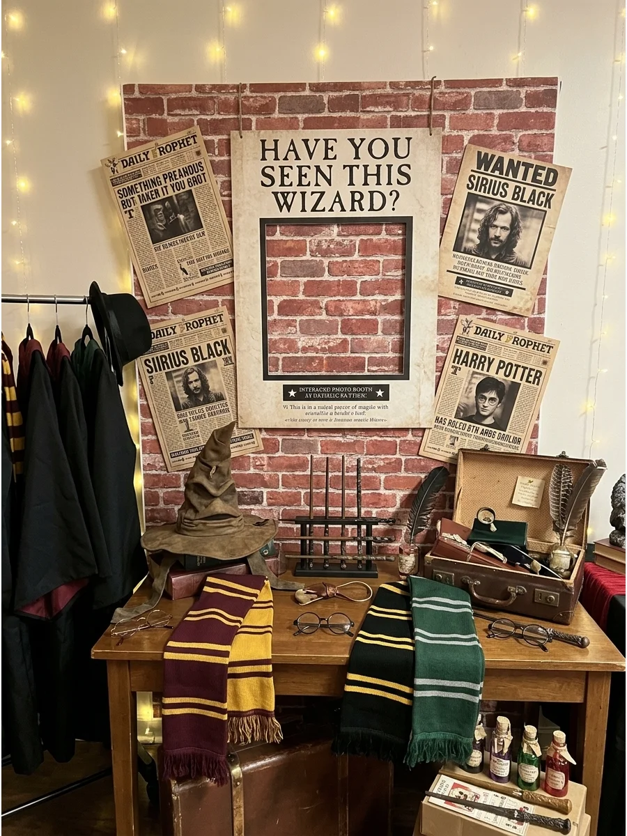 Wizard Photo Booth. Create a dedicated photo area with robes, scarves, wands, round glasses, newspapers, wanted posters, frames, and magical props. Harry Potter Party Favors Harry