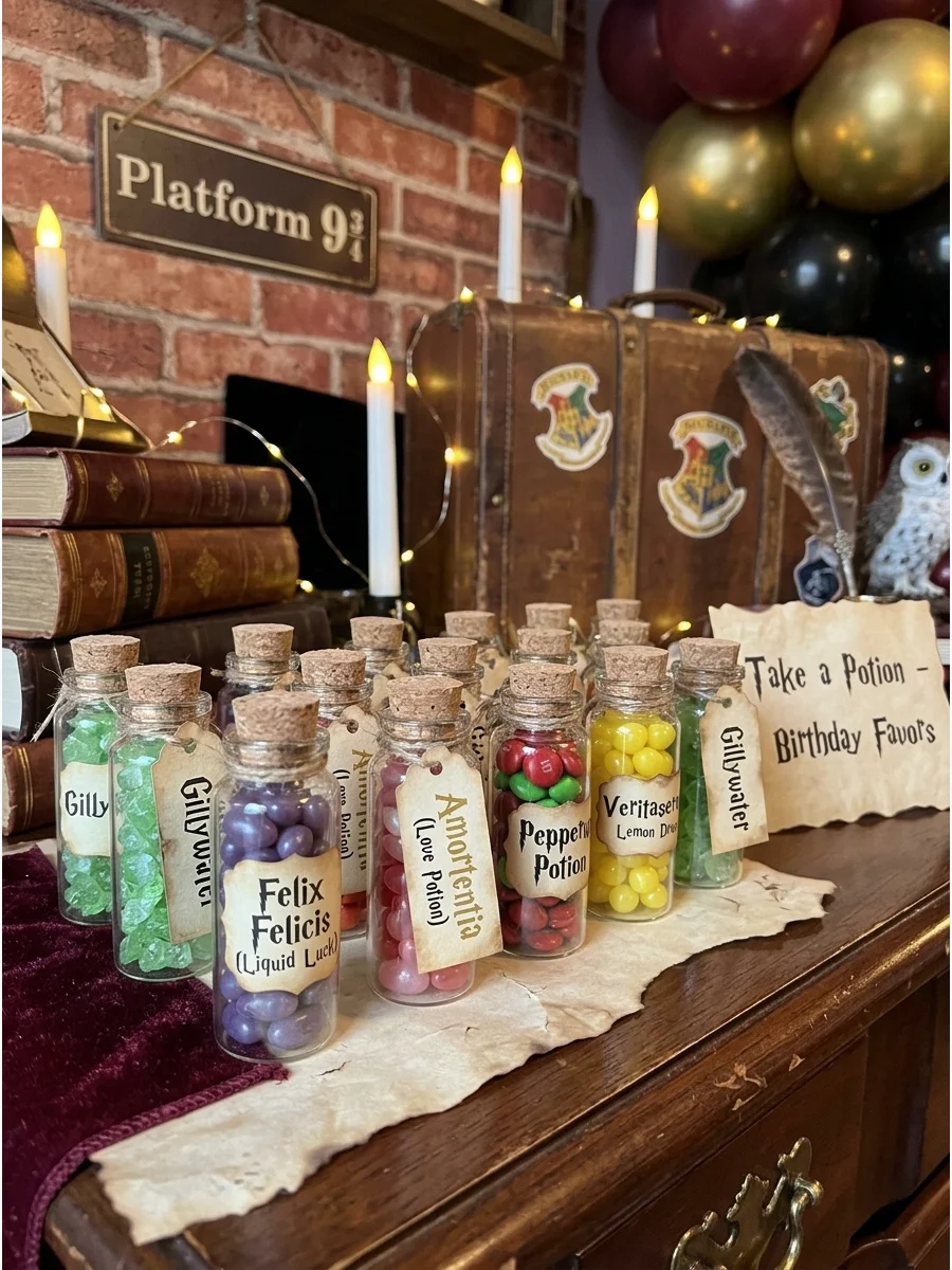 Mini Potion Bottle Favors. Fill small plastic or glass-style bottles with colorful candy and add whimsical potion labels for an inexpensive take-home gift. Harry Potter Birthday Pa