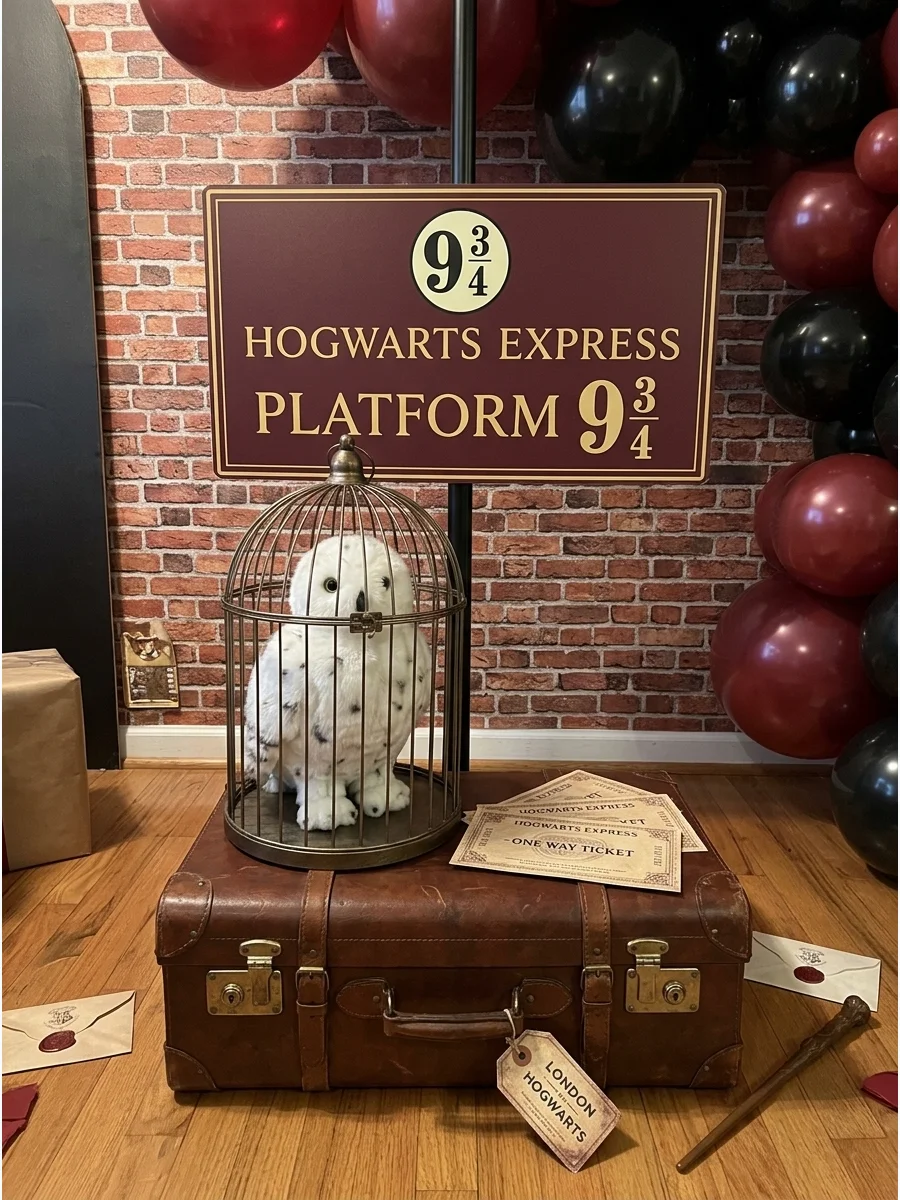 Hogwarts Express Welcome Area. Decorate the entrance with vintage suitcases, an owl cage, train-ticket props, and a Hogwarts Express sign. Harry Potter Birthday Party Ideas