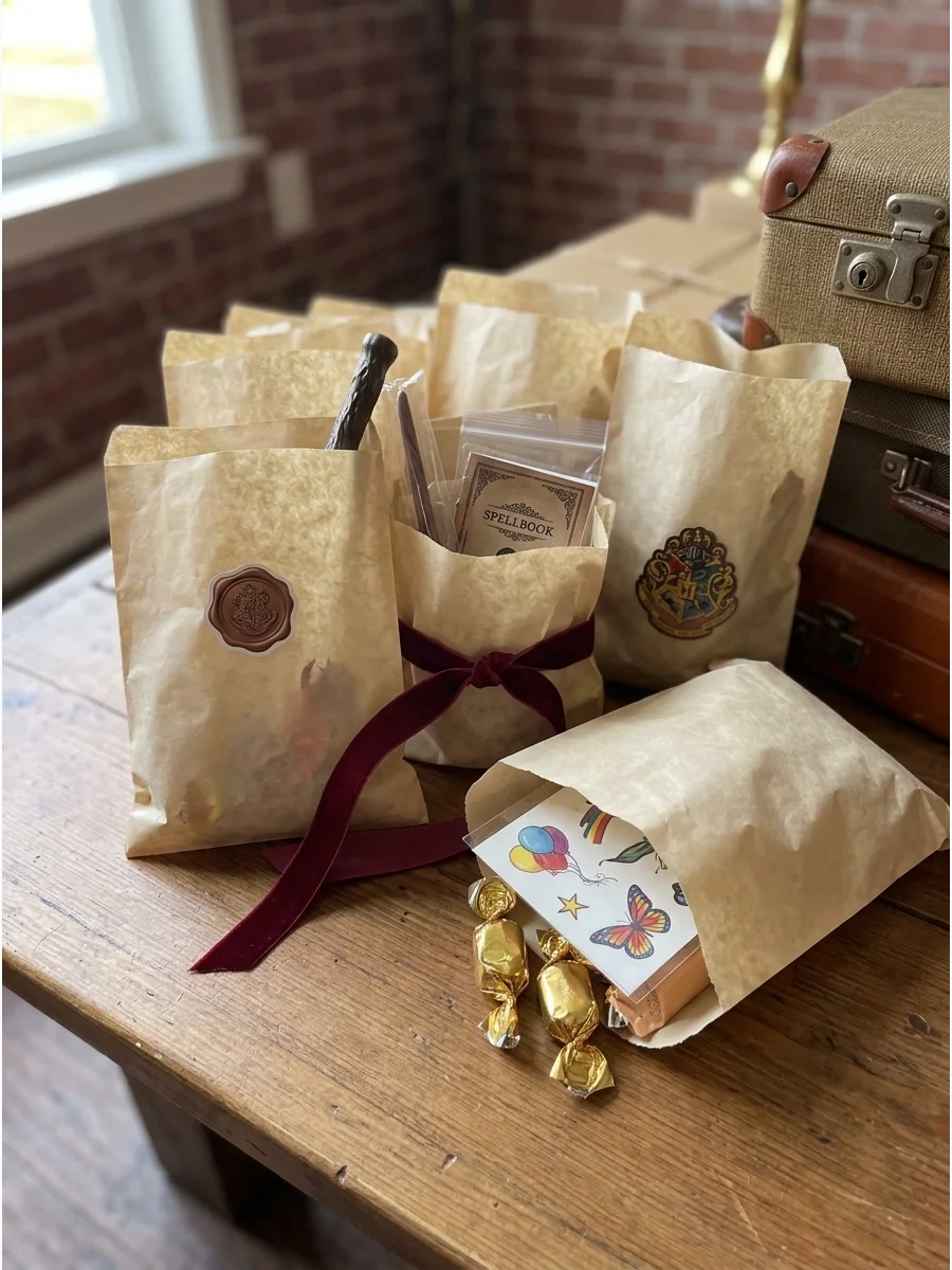 Hogwarts Student Favor Bags. Finish the party with parchment-style bags containing wizard candy, a house badge, temporary tattoos, stickers, a small spellbook, or other magical sur