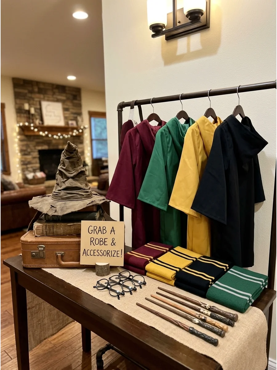 Wizard Robe Welcome Station. Place simple robes, scarves, glasses, and wizard accessories near the entrance so guests can dress up when they arrive. Harry Potter Birthday Party Ide