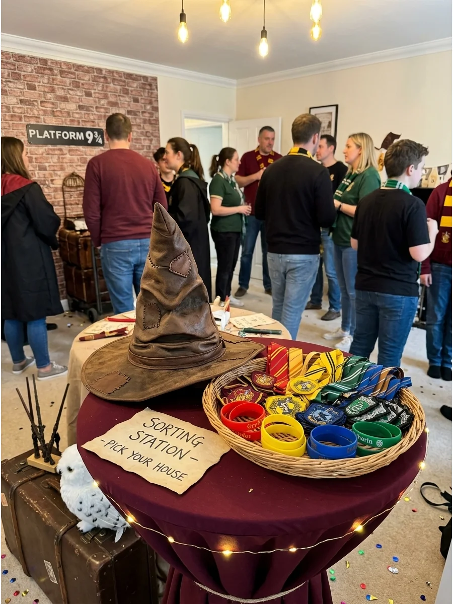 Sorting Hat Welcome Ceremony. Begin the celebration by sorting guests into Hogwarts houses and giving everyone a colored badge, ribbon, or wristband. Harry Potter Party Decorations