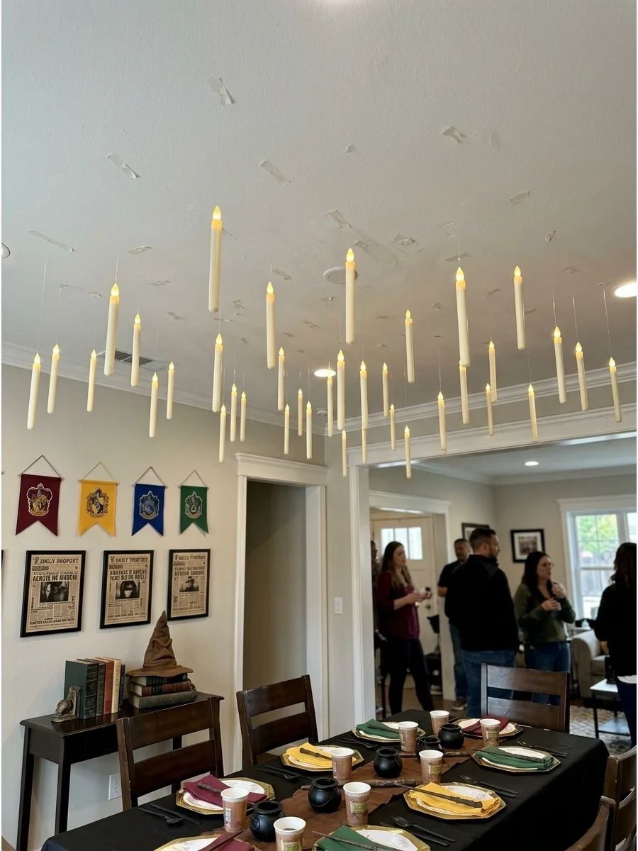 Floating Candle Ceiling. Hang lightweight LED candles from clear fishing line to create the illusion of candles floating over the party. Harry Potter Birthday Party Ideas
