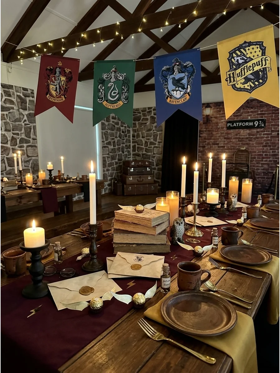 Hogwarts Great Hall Party Room. Use long tables, candlelight, dark table linens, banners, and rustic dinnerware to give the main party area a Great Hall atmosphere. Harry Potter Bi