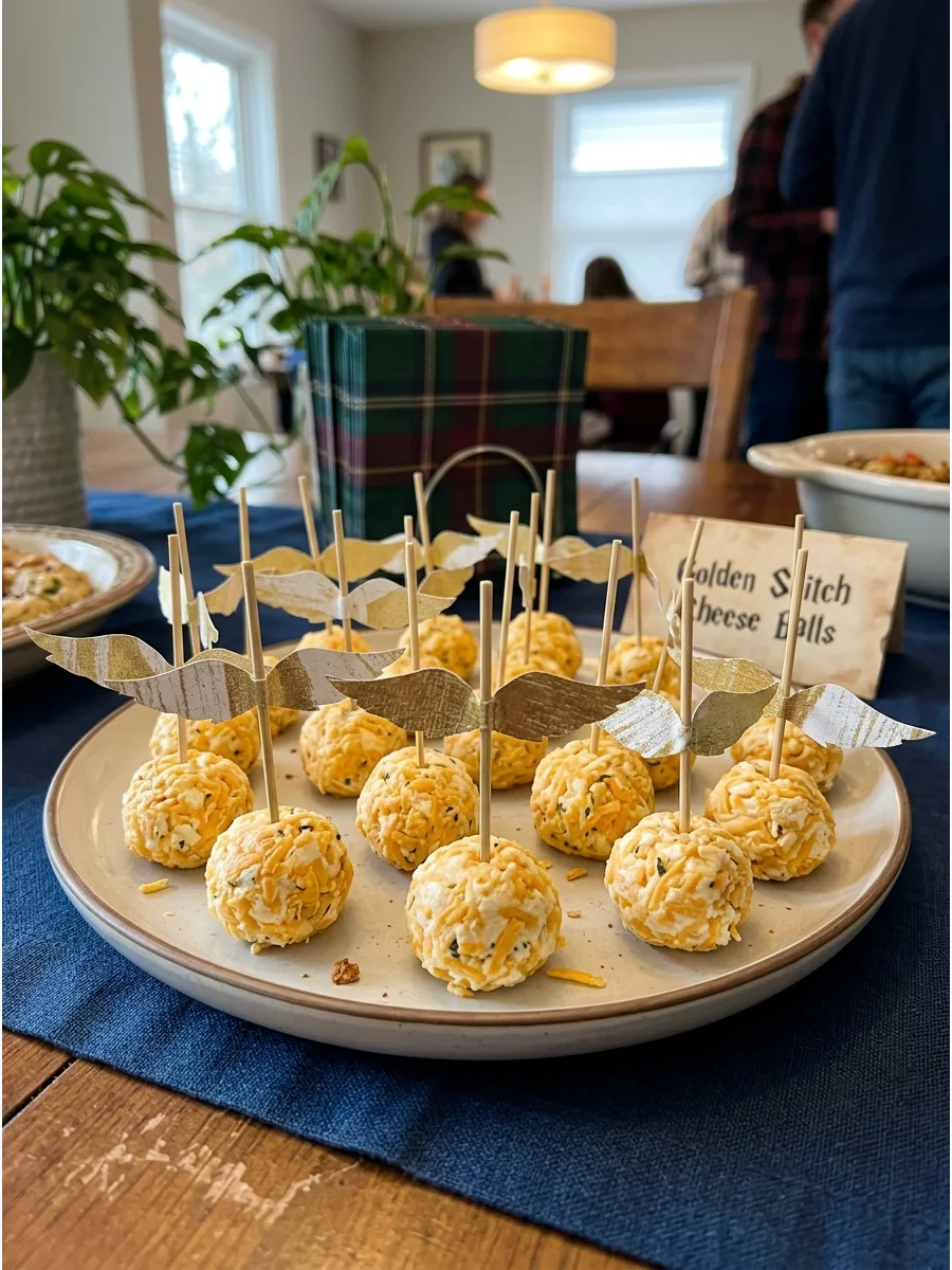 Golden Snitch Cheese Balls. Turn mini cheese balls into Golden Snitches by adding small edible or paper wings. They're an easy savory option that instantly fits the theme. harry po