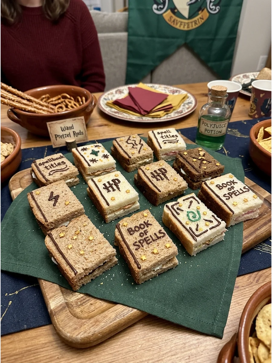 Spellbook Sandwiches. Cut mini sandwiches into rectangles and decorate the tops so they resemble tiny magical books. Savory Harry Potter Party Food harry potter party food