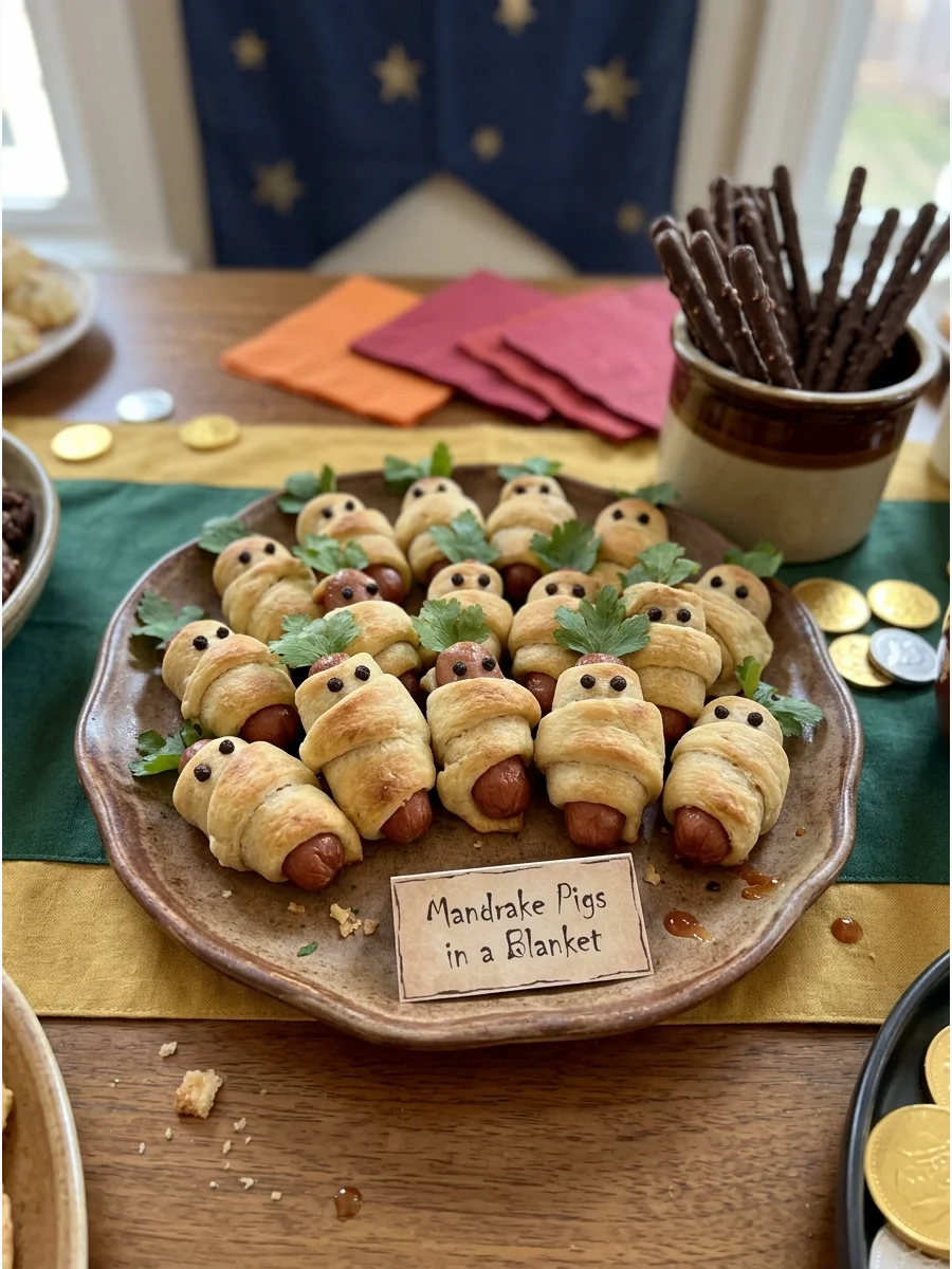 Mandrake Pigs in a Blanket. Wrap mini sausages in crescent dough and arrange them like tiny Mandrakes for an easy savory party dish. harry potter party food