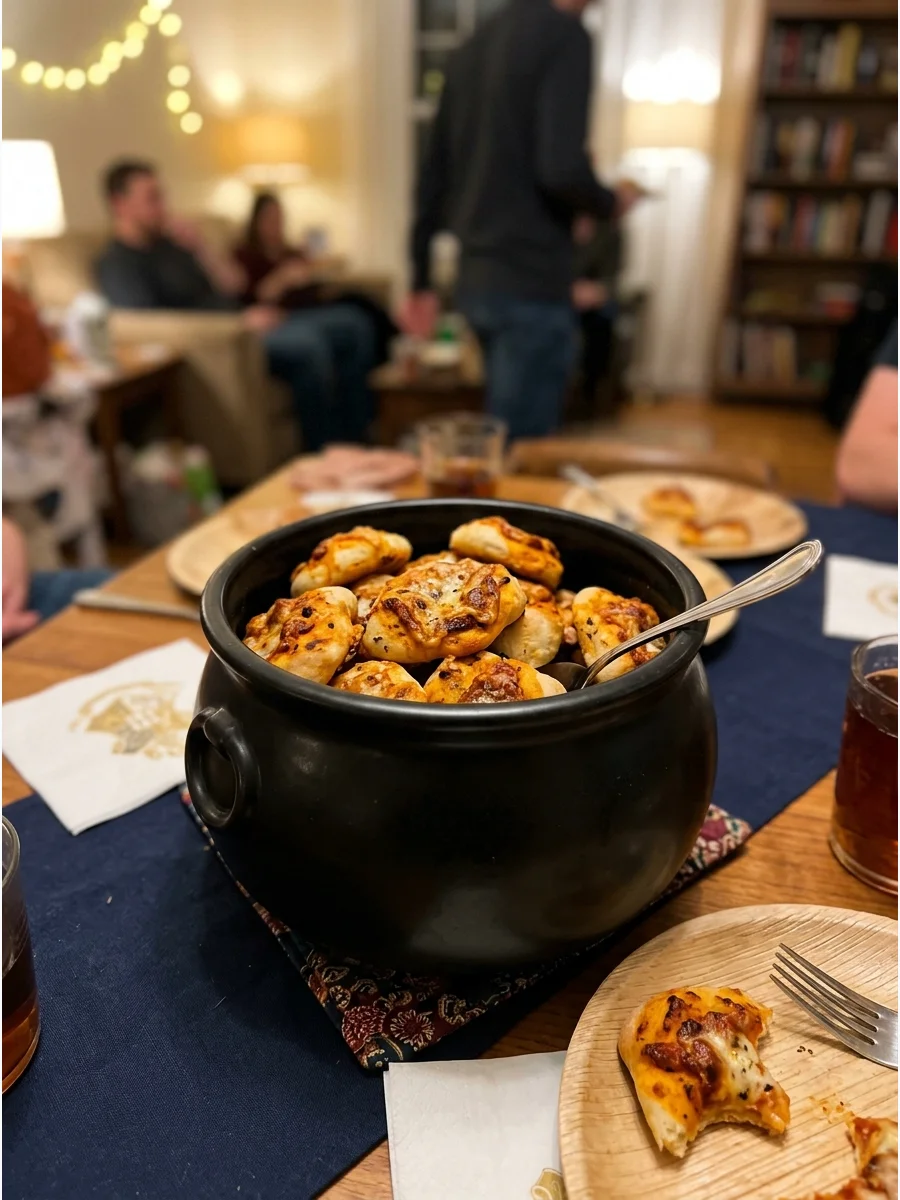 Cauldron Pizza Bites. Serve mini pizza bites inside a black cauldron-style bowl to turn an ordinary crowd-pleaser into themed party food. harry potter party food