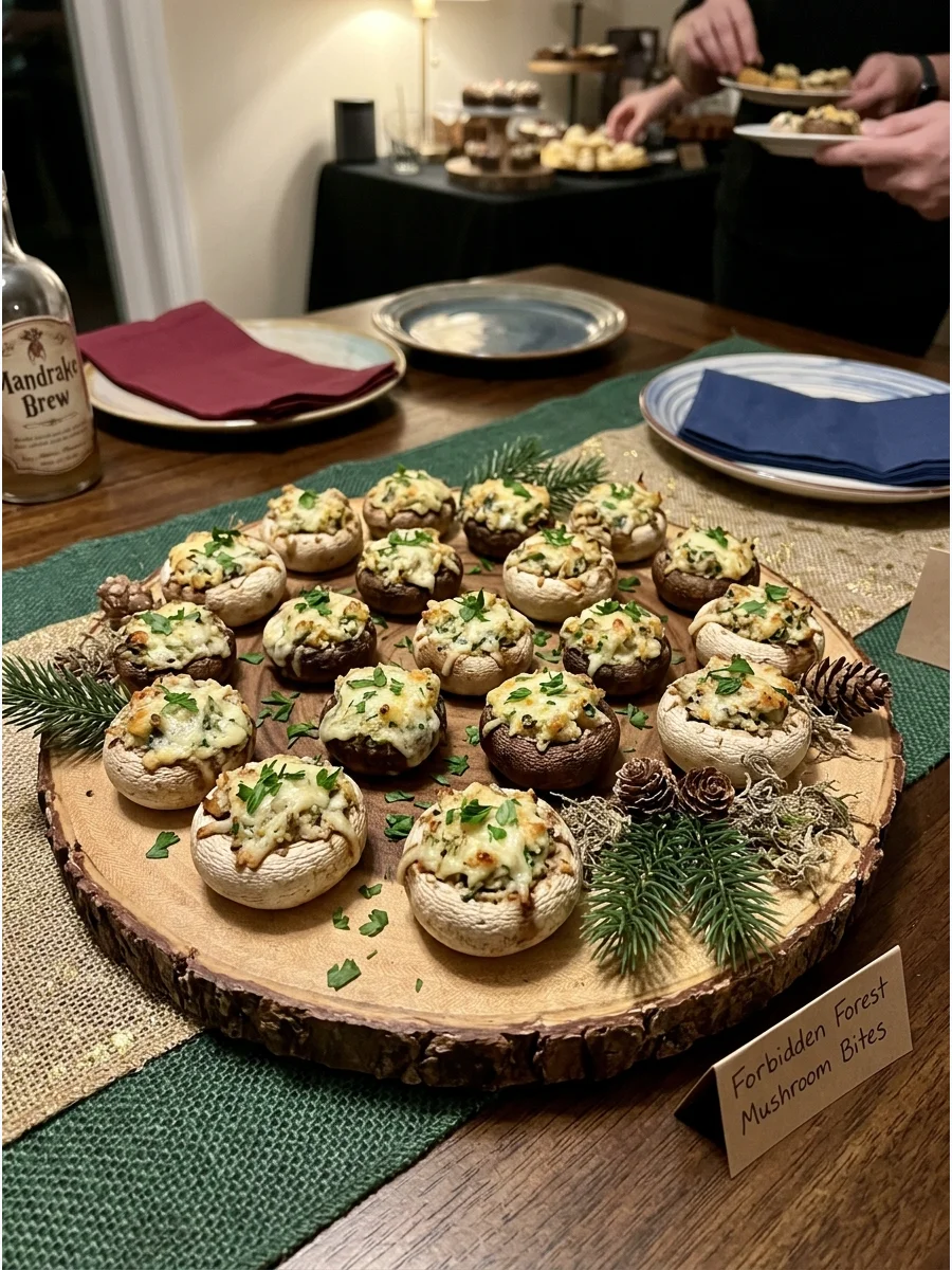 Forbidden Forest Mushroom Bites. Stuff mushrooms with cheese, herbs, or breadcrumbs and display them on a woodland-inspired platter. harry potter party food