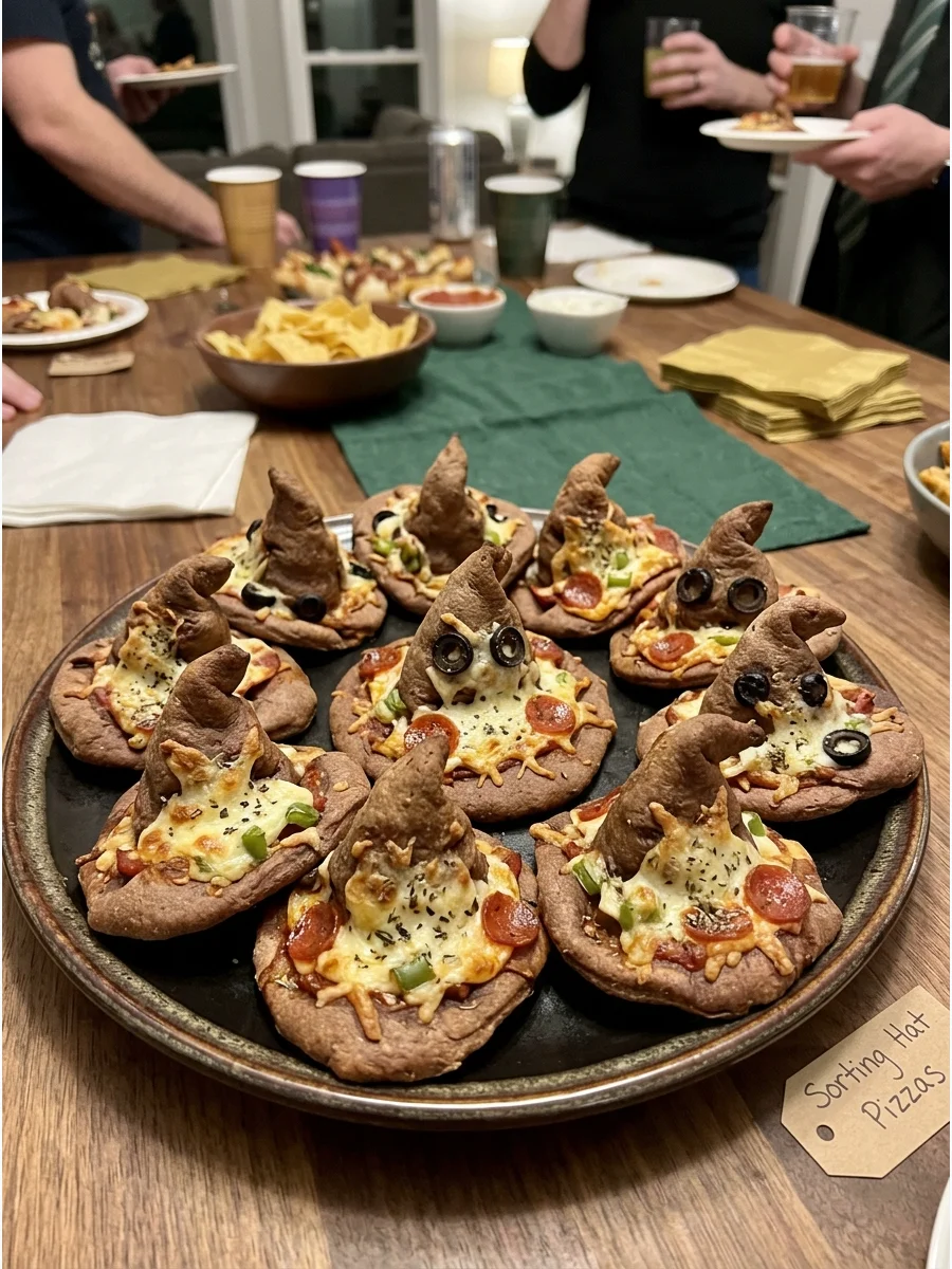 Sorting Hat Mini Pizzas. Shape pizza dough into small pointed hats and add cheese and toppings for an impressive savory centerpiece. harry potter party food
