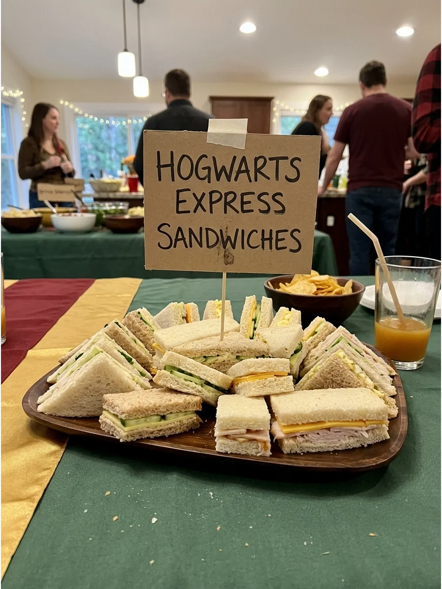 Hogwarts Express Sandwiches. Create small British-style tea sandwiches with fillings such as cucumber, cheese, turkey, or egg salad. harry potter party food