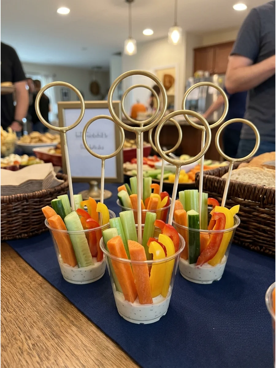 Quidditch Goal Veggie Cups. Place sliced carrots, celery, cucumbers, and peppers into individual dip cups decorated with miniature Quidditch hoops. harry potter party food