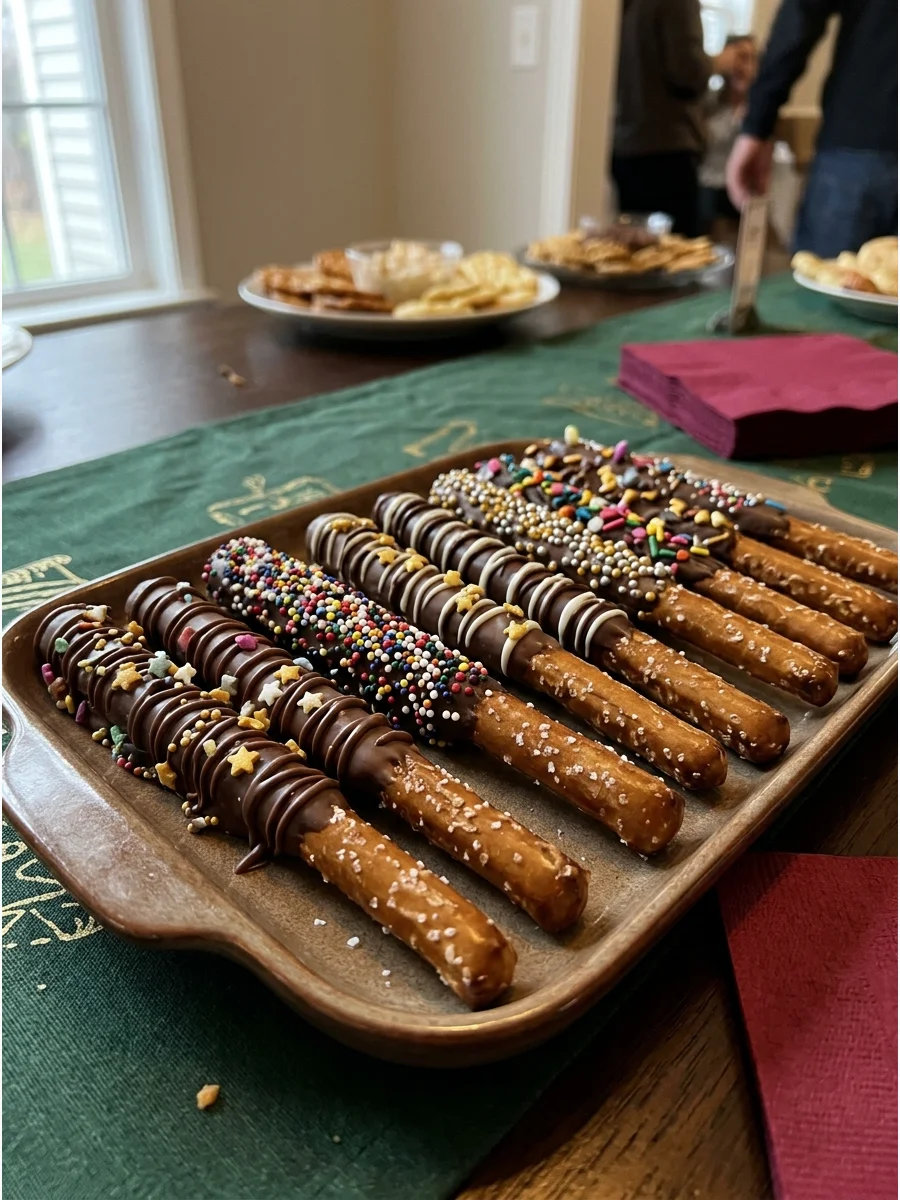 Pretzel Wand Sticks. Dip pretzel rods in melted chocolate and add different sprinkles or chocolate drizzles so every wand looks slightly unique. harry potter party food