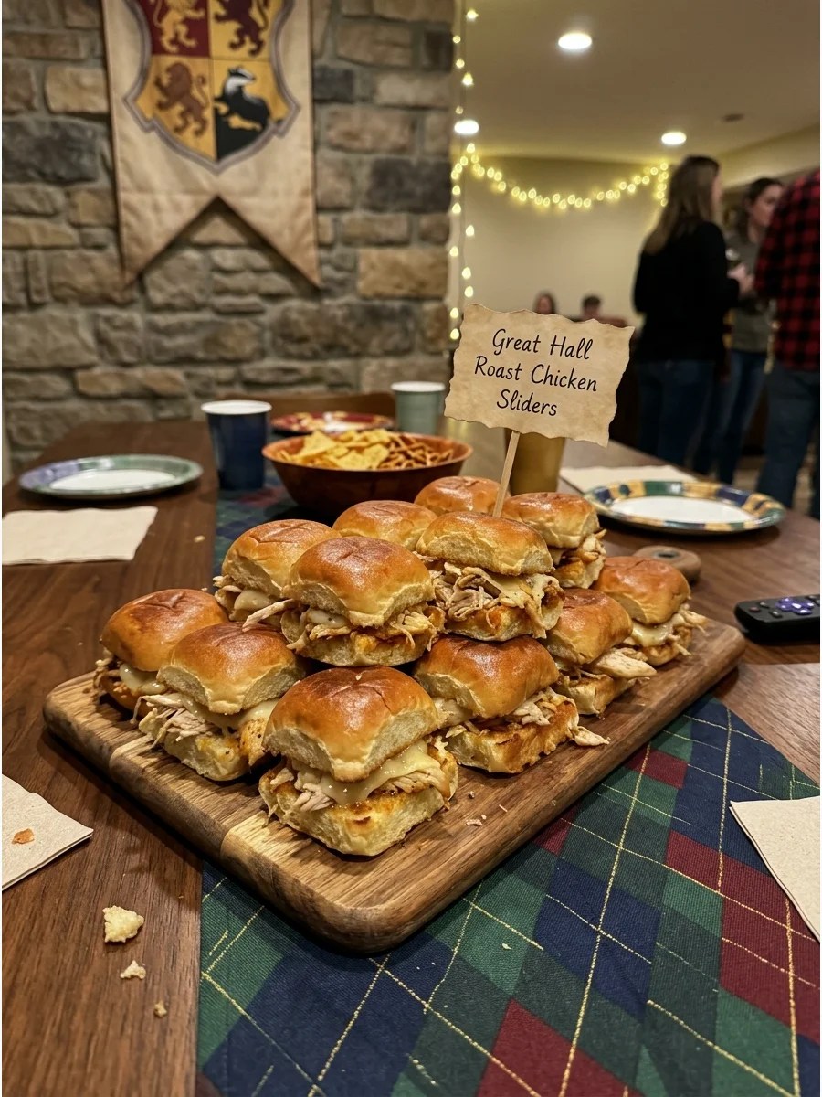 Great Hall Roast Chicken Sliders. Fill small rolls with roasted chicken, cheese, and sauce for a substantial party food that still feels appropriate for a Hogwarts feast. harry pot