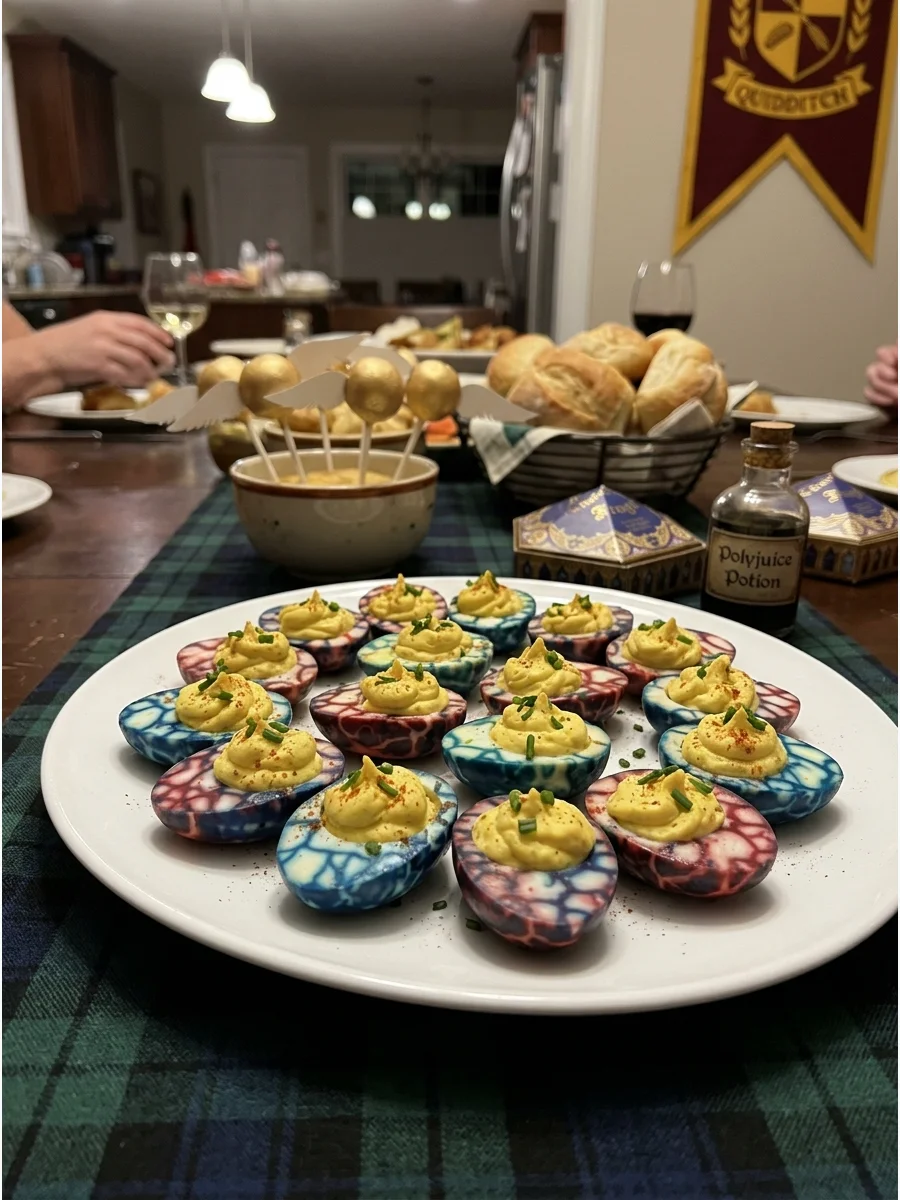 Dragon Egg Deviled Eggs. Color or lightly crack-pattern boiled egg whites before filling them to create dramatic dragon-inspired deviled eggs. harry potter party food