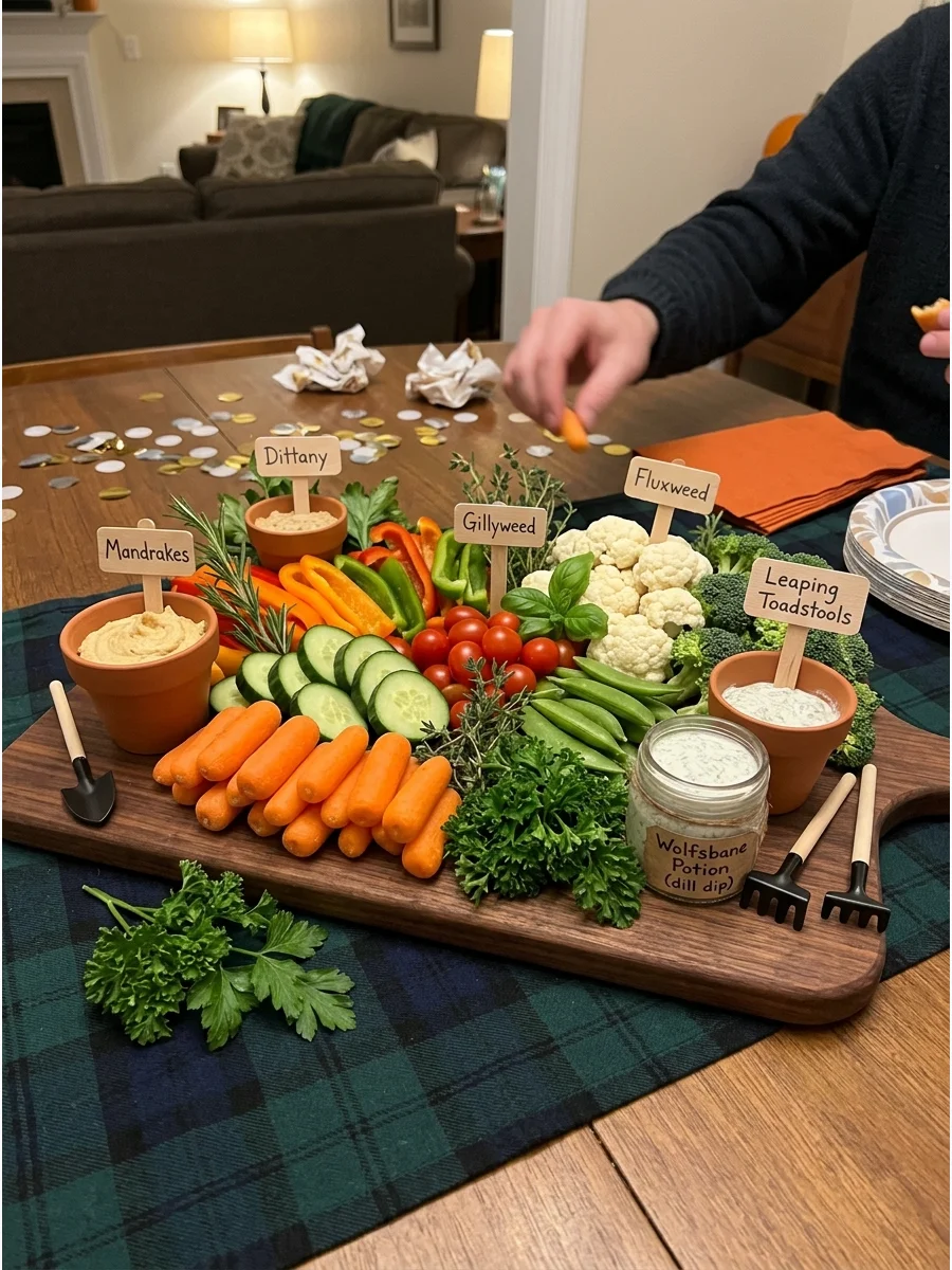 Herbology Garden Vegetable Board. Arrange vegetables, herbs, edible greens, and dips like a miniature magical greenhouse. harry potter party food