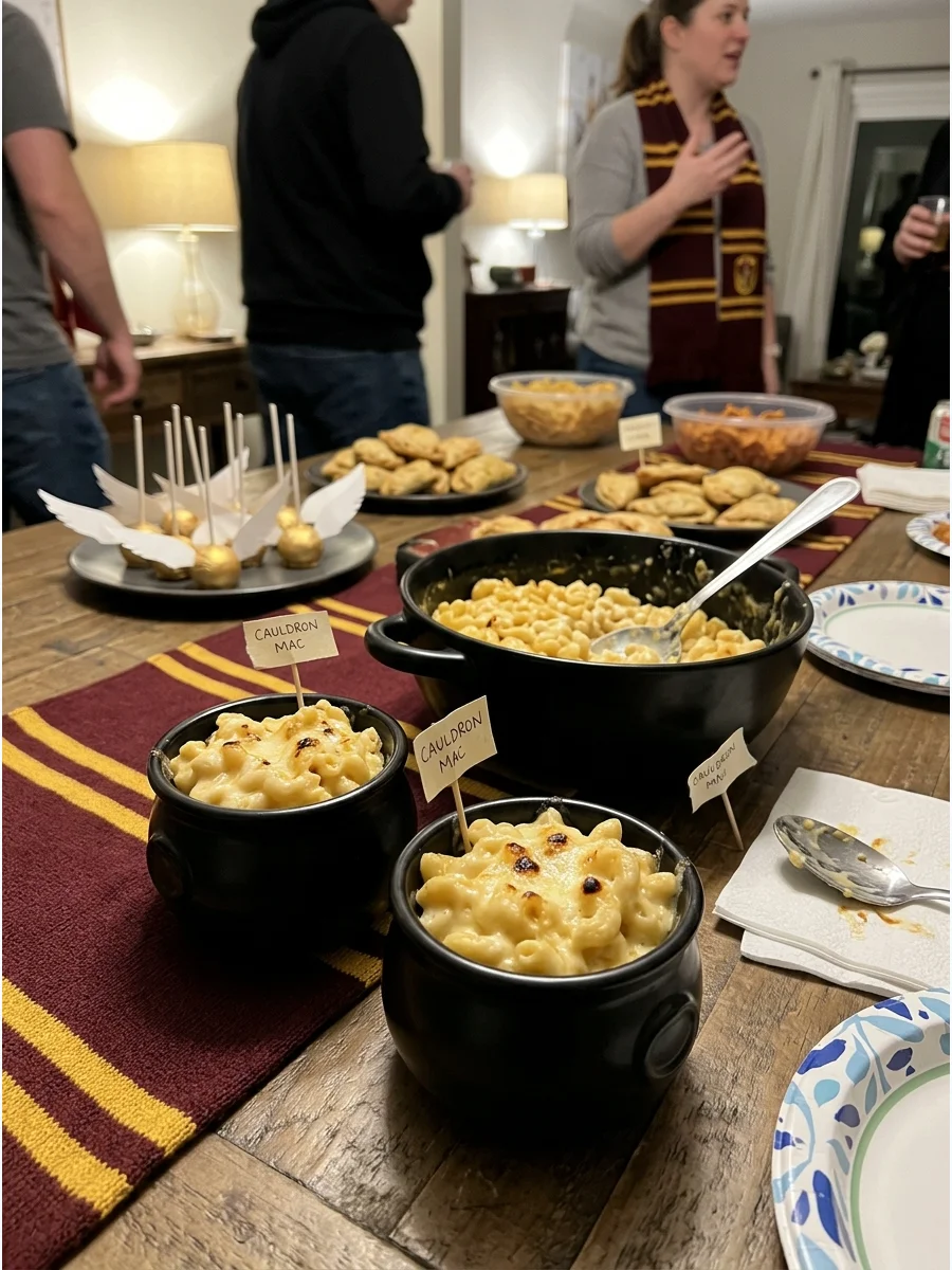 Cauldron Mac and Cheese. Serve creamy macaroni and cheese from a black serving bowl or miniature cauldrons for younger guests. harry potter party food