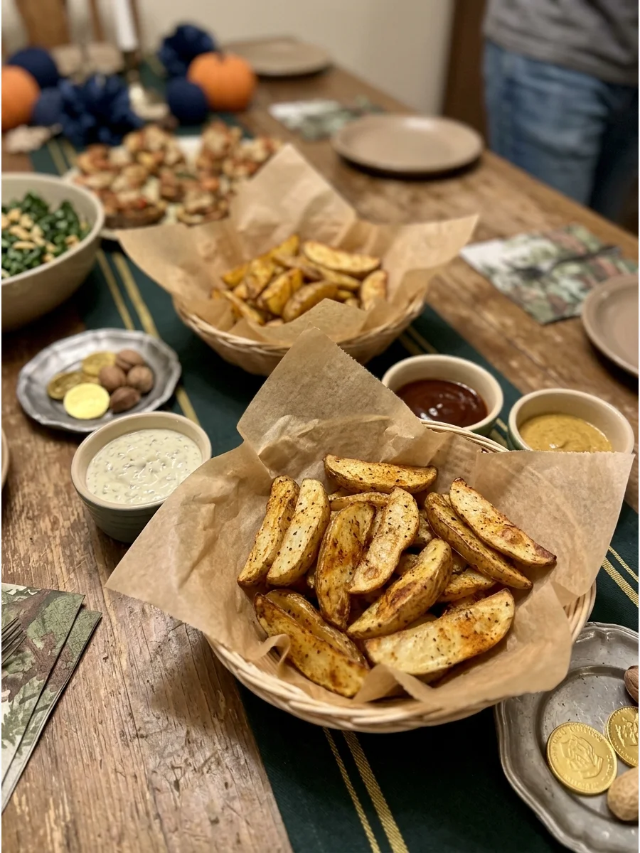 Three Broomsticks Potato Wedges. Serve seasoned potato wedges in rustic parchment-lined baskets with several dipping sauces. harry potter party food