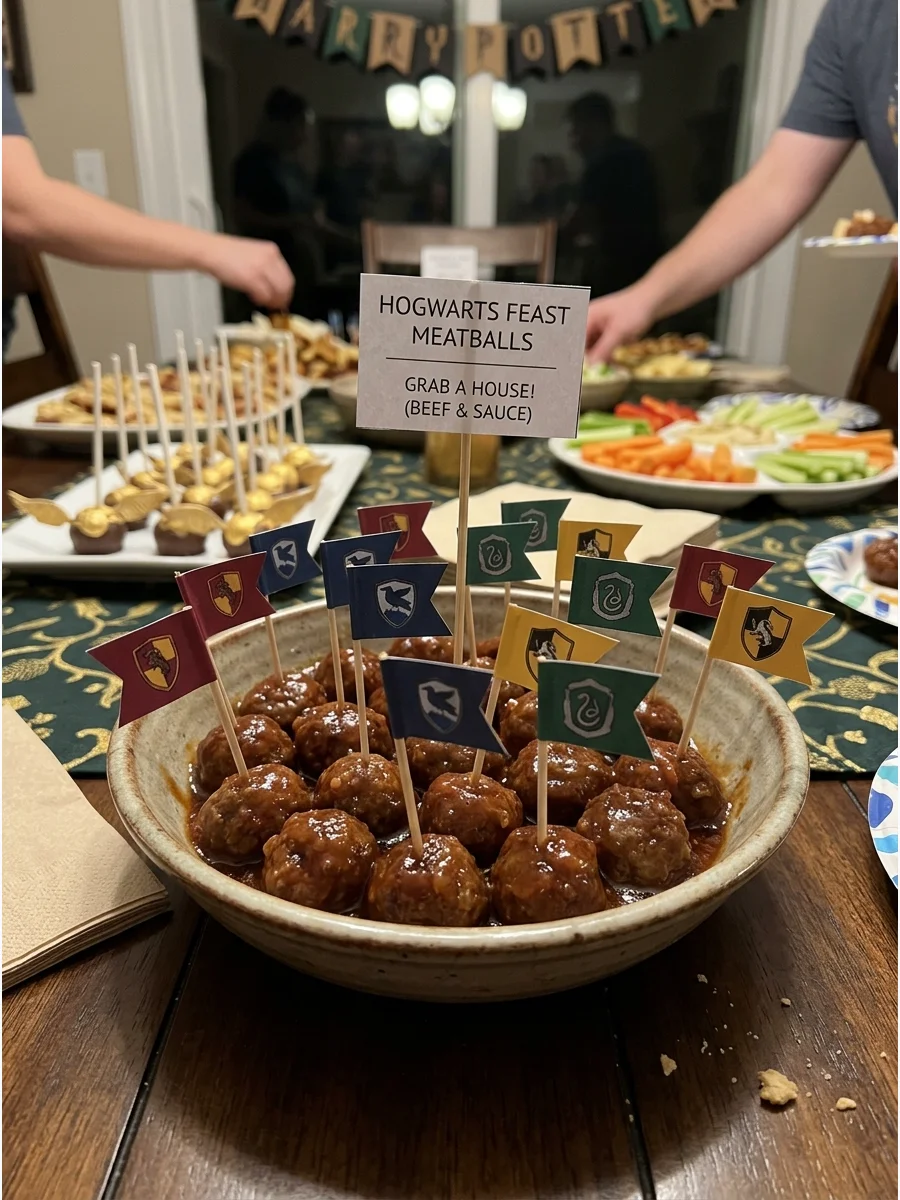 Hogwarts Feast Meatballs. Serve cocktail meatballs with toothpicks and miniature house-colored flags for an easy make-ahead party dish. Harry Potter Desserts & Sweet Treats harry p