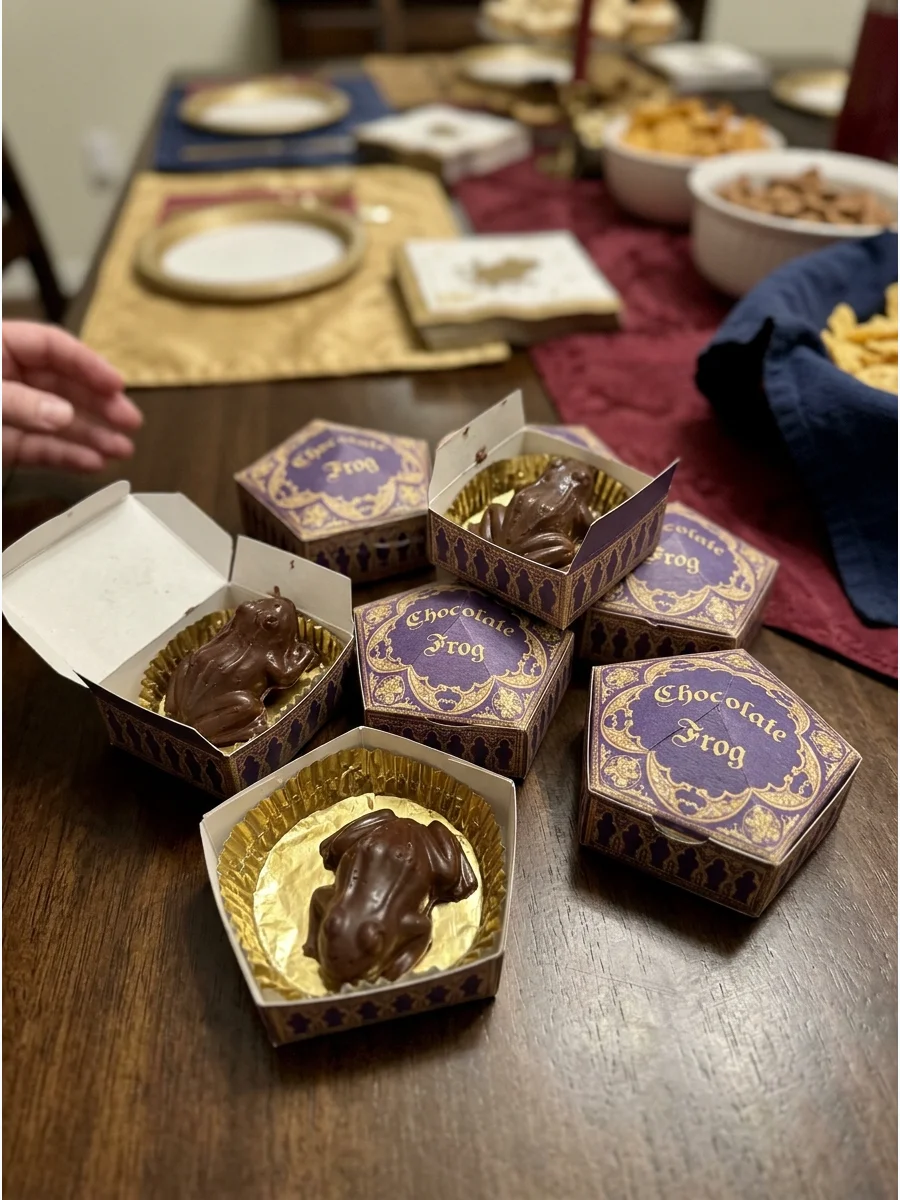 Chocolate Frogs. Use frog-shaped molds to create chocolate treats and package them in small wizard-style boxes. Chocolate Frogs remain one of the most recognizable sweets appearing
