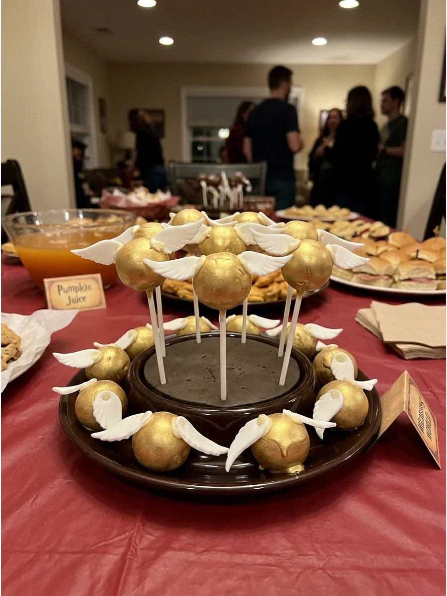 Golden Snitch Cake Pops. Cover round cake pops with gold coating and add delicate wings to transform them into miniature Golden Snitches. harry potter party food