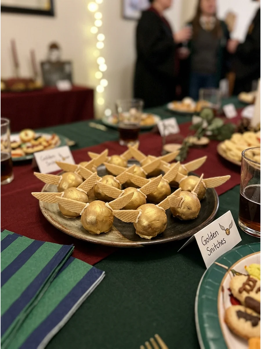 Golden Snitch Peanut Butter Balls. Dip peanut butter balls in gold-colored chocolate and add wings for an alternative to cake pops. harry potter party food