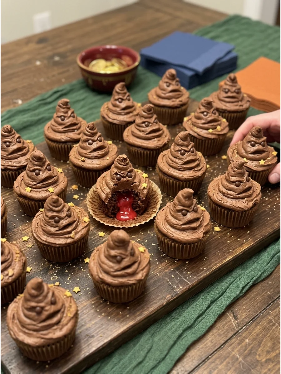 Sorting Hat Cupcakes. Hide red, yellow, blue, or green candy or frosting inside each cupcake so guests discover their Hogwarts house after taking a bite. harry potter party food