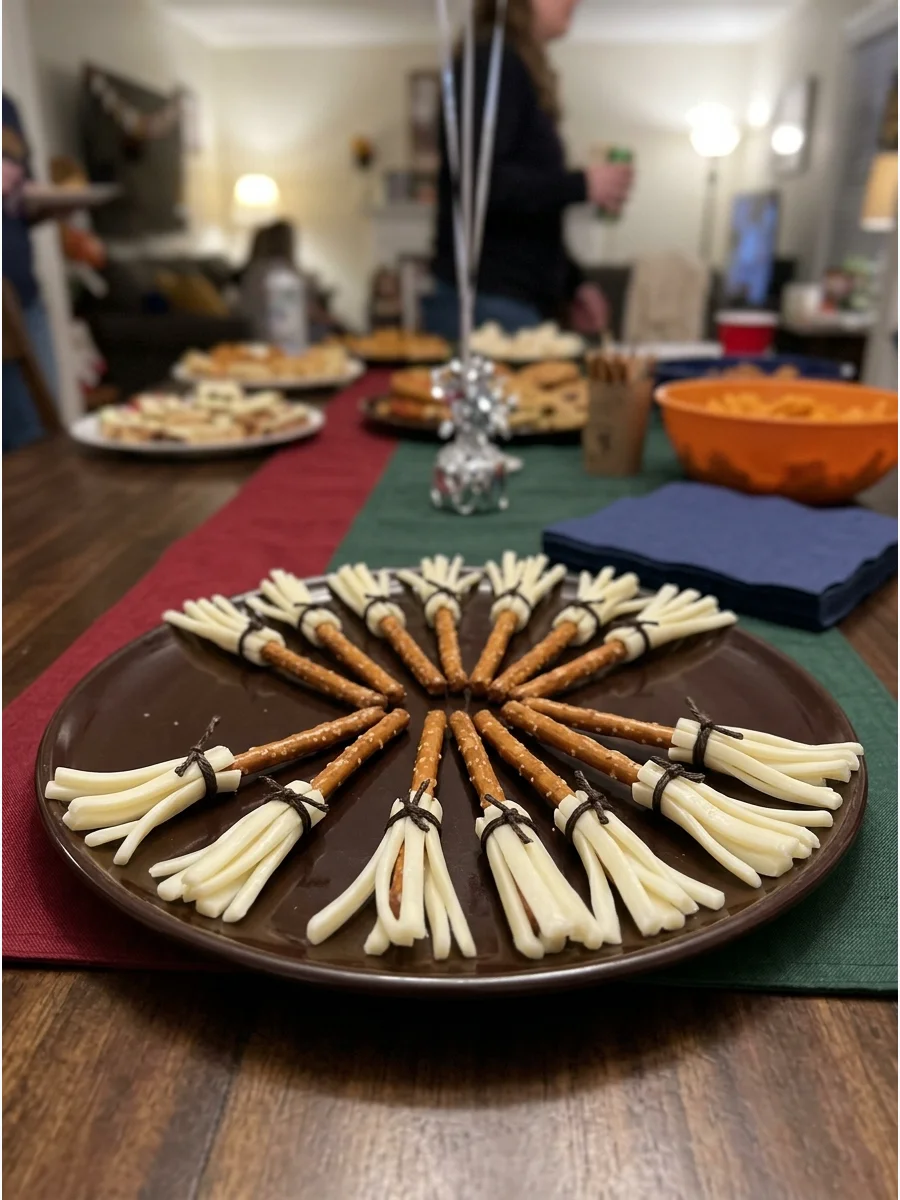 Pretzel Broomsticks. Attach thin strips of cheese to pretzel sticks to create tiny edible broomsticks that work especially well on a kids' snack table. harry potter party food