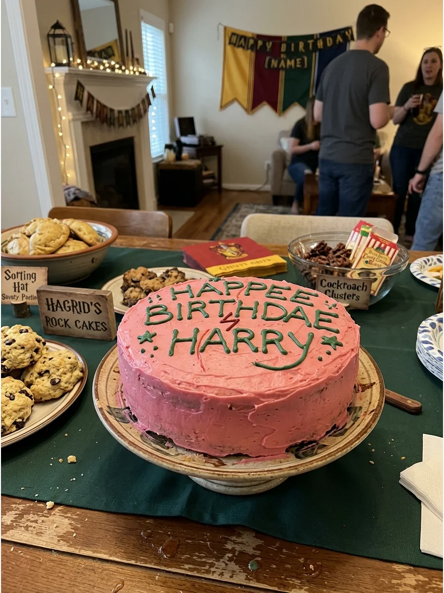 Hagrid-Inspired Birthday Cake. Make the famous rustic pink birthday cake with green lettering for a recognizable centerpiece at a Harry Potter birthday party. harry potter party fo